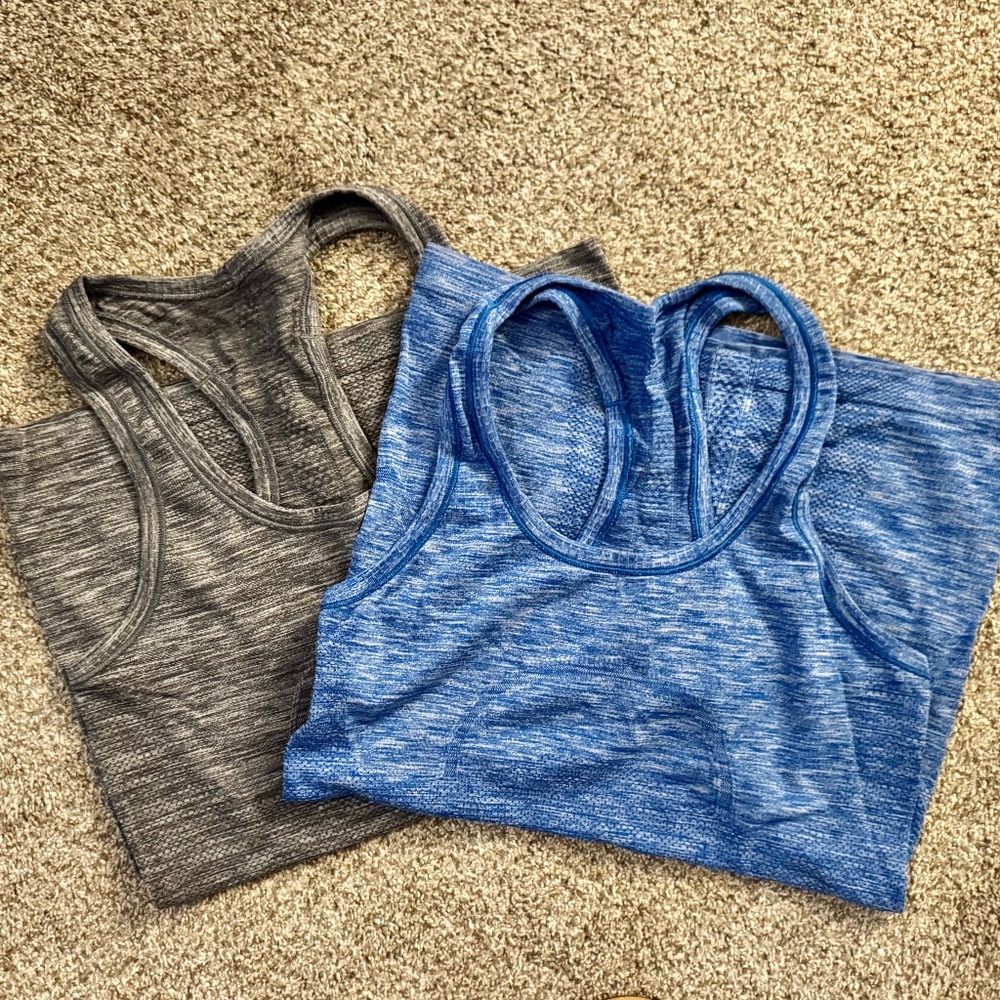 LuluLemon Swiftly Tech Racerback Tank Top, sold as set. Size 4; grey and blue